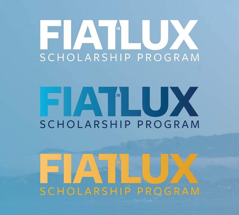 Fiat Lux Scholarshop Program logo white, blue and yellow