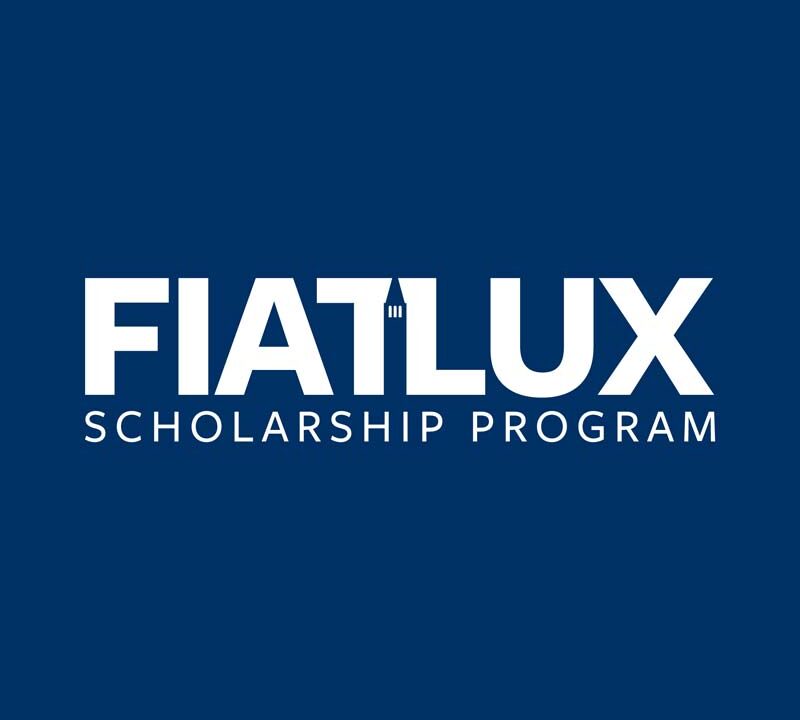 Fiat Lux Scholarship Program logo white on blue background